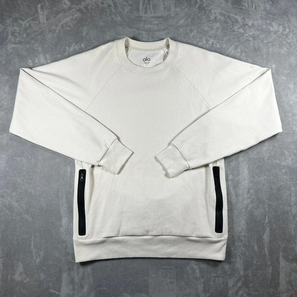 Alo‎ Yoga Womens Ivory Textured Waffle Knit Side Zip Sweatshirt Size S Pullover